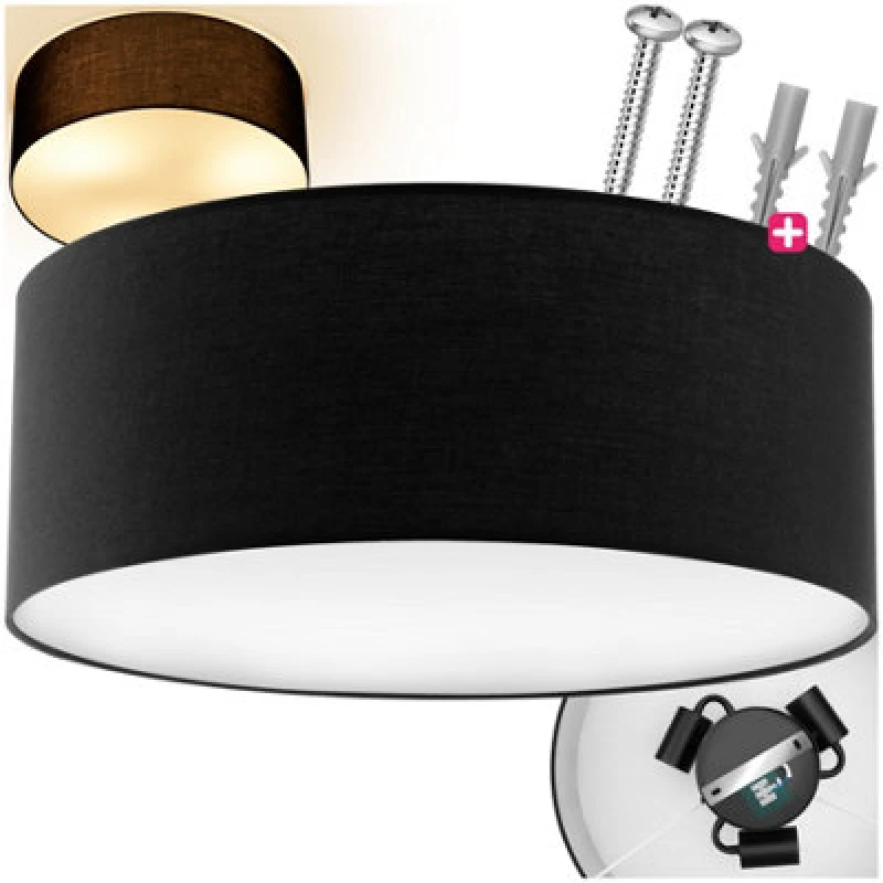 Image of Charnwood Ceiling Light Circum - Textile Lampshade In Linen Look, Steel Frame 40 X 40 X 15.5cm - Black