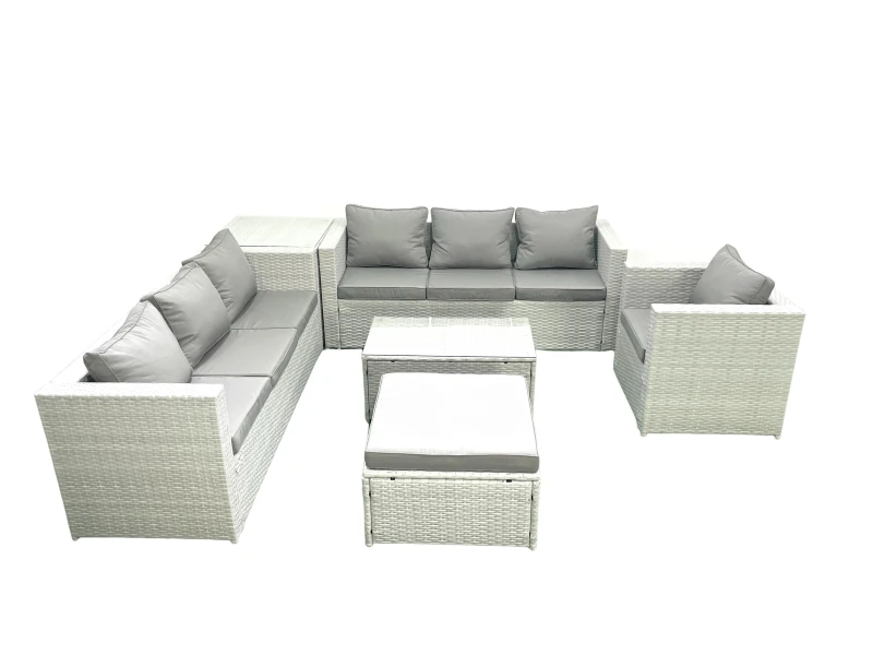 Image of Fimous Wicker PE Rattan Sofa Garden Furniture Set with Armchair Oblong Coffee Table Big Footstool Side Table Light Grey Mixed Light Grey