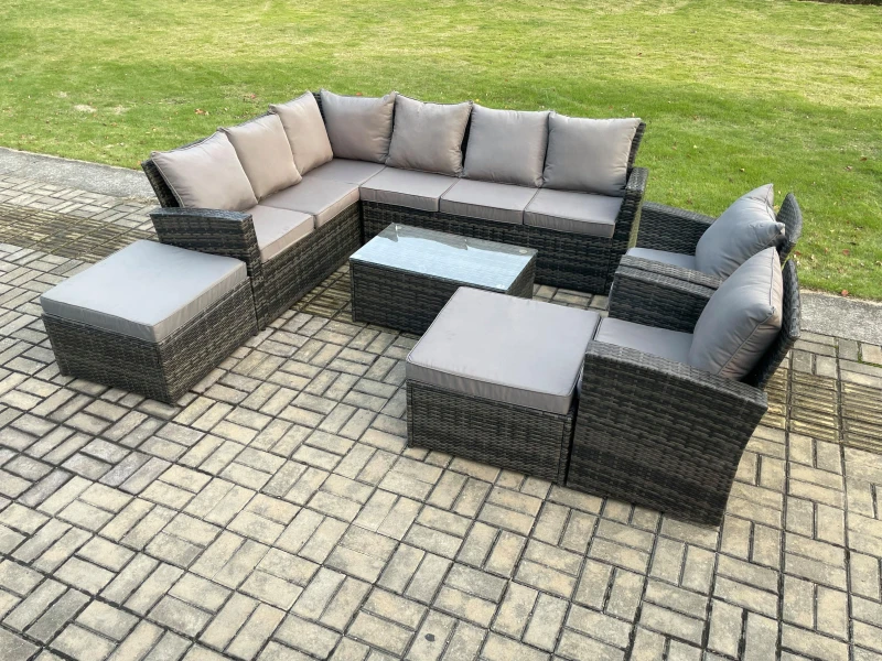 Image of Fimous 10 Seater High Back Outdoor Garden Furniture Set Rattan Corner Sofa Set With Rectangular Coffee Table 2 Big Footstool in Dark Grey Dark Grey Un