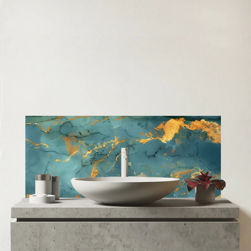 Image of Warren Reed - Designer Gold & Azure Marble Effect Glass Bathroom Splashback in Blue Blue Unisex