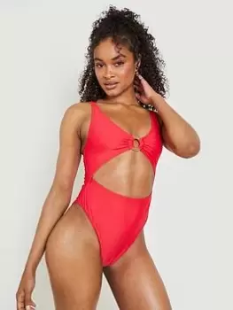 Image of Boohoo Woodern Ring Detail Swimsuit - Red, Size 8, Women