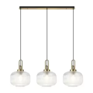 Image of Luminosa Linear 3 Light Pendant E27, Brass Gold, Matt Black With 30cm Round Ribbed Clear Glass