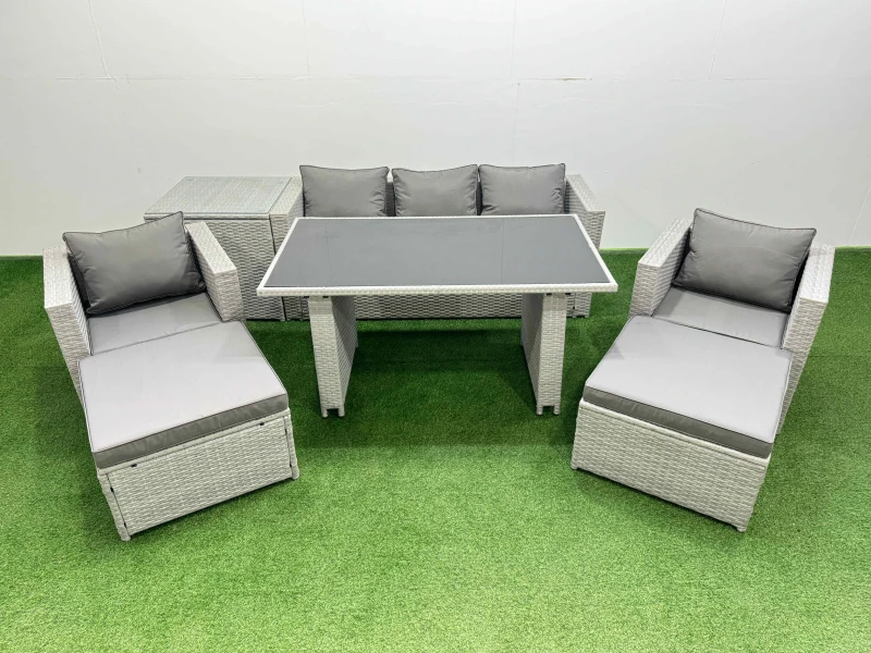 Image of Fimous Patio Garden Furniture Sets with Black Glass Top Dining Table Armchair in Light Grey Light Grey Unisex