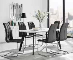 Image of Andria Marble Effect Dining Table With Black Legs & 6 Murano Faux Leather Chairs