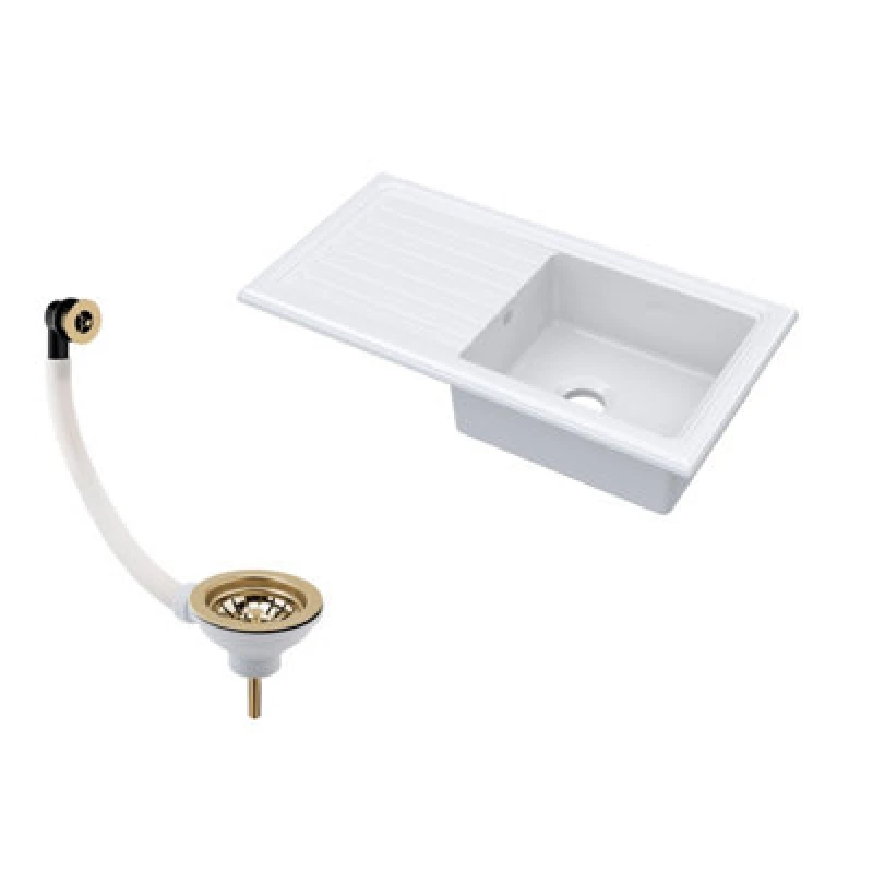 Image of Balterley 1 Bowl Fireclay Ceramic Inset Sink, Drainer & Brass Waste 1010mm White White Unisex