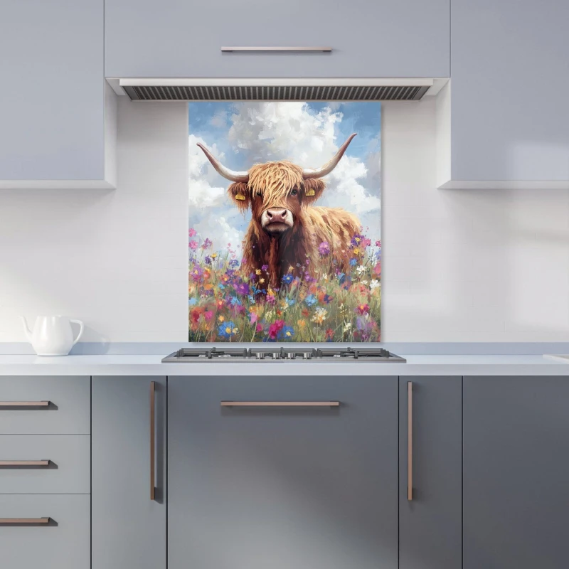 Image of Warren Reed - Designer Highland Cow In A Summer Meadow Kitchen Splashback Size: 600mm x 750mm Multicolor Unisex 600mm x 750mm