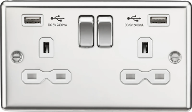 Image of KnightsBridge 13A 2G switched socket with dual USB charger A + A (2.4A), Polished chrome with white insert CL9224PCW