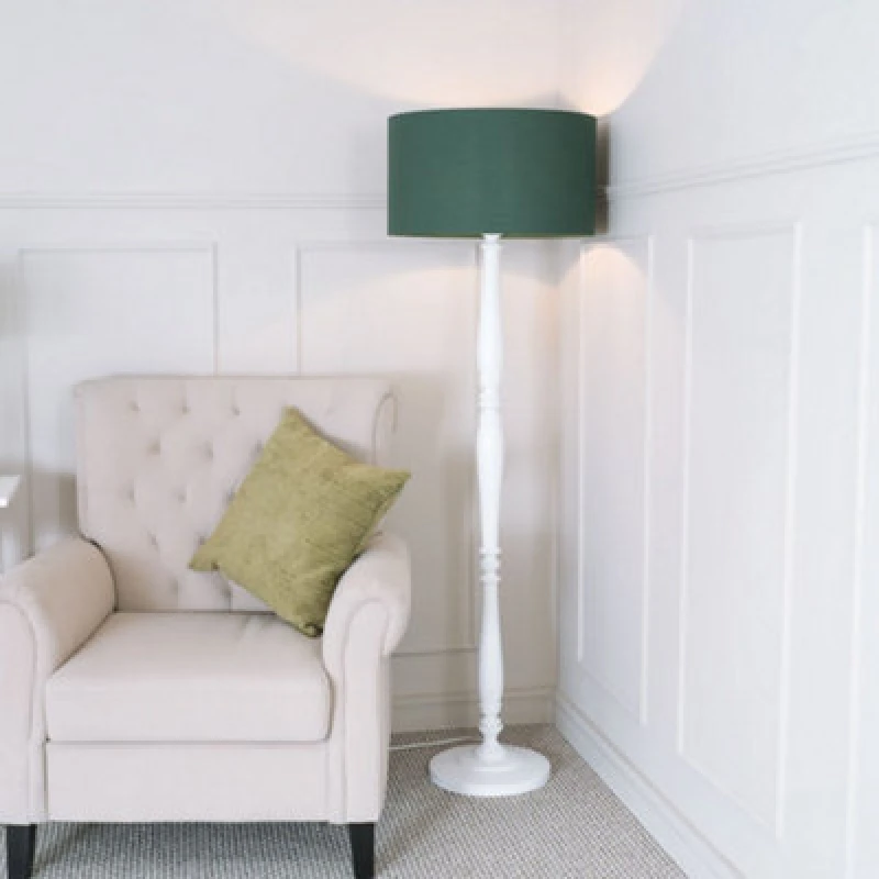 Image of ValueLights Victoria White Wood Traditional Stem Floor Lamp with Fabric Drum Shade Green