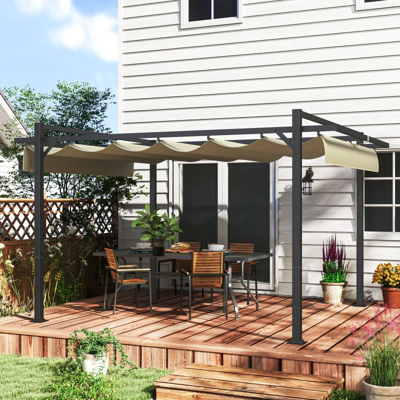 Image of Outsunny 3 x 4m Pergola with Retractable Roof and Aluminium Frame, Khaki Khaki