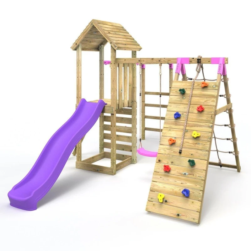 Image of Rebo Wooden Climbing Frame with Swing, Climbing Wall, Monkeybars and Slide - Carpathian Pink Pink