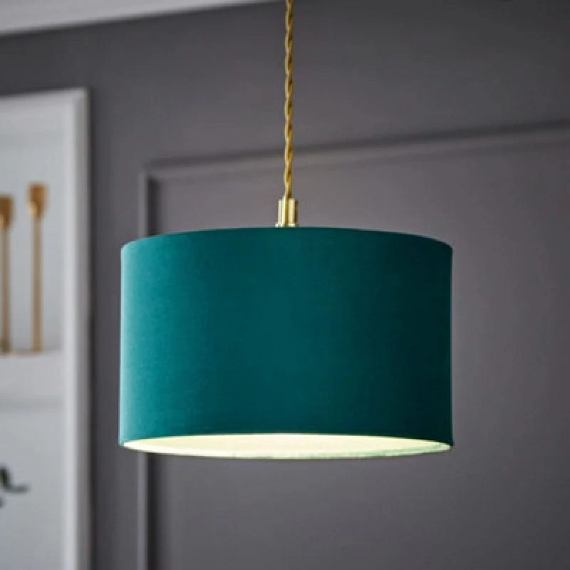 Image of ValueLights Reni Forest Green Velvet Drum Ceiling Lamp Shade Bottle Green