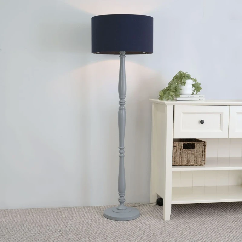 Image of ValueLights Victoria Grey Wood Traditional Stem Floor Lamp with Fabric Drum Shade Navy