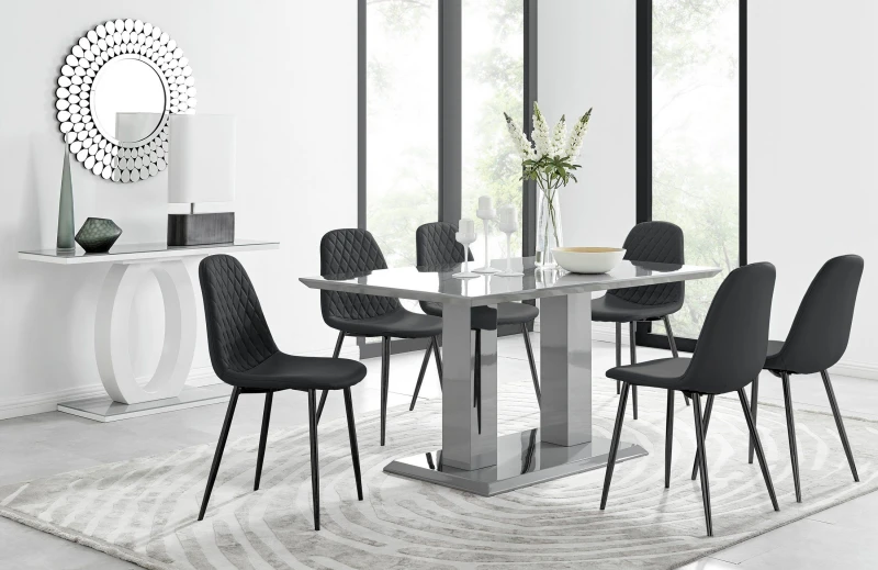 Image of FurnitureboxUK FurnitureboxUK Imperia 6 Grey Dining Table and 6 Corona Black Leg Chairs Black One Size Unisex 5056542641503