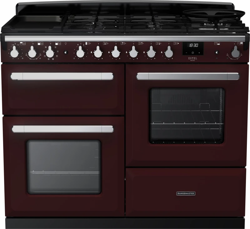 Image of Rangemaster Estel Deluxe ESDLO110DFPBOR/CM1 110cm Dual Fuel Range Cooker - Bordeaux / Chrome - A/A Rated