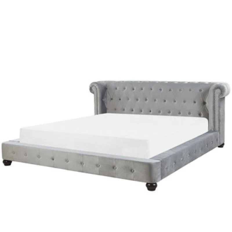 Image of Beliani Bed Velvet Cavaillon 180 X 200 Cm (Eu Super King) Light Grey