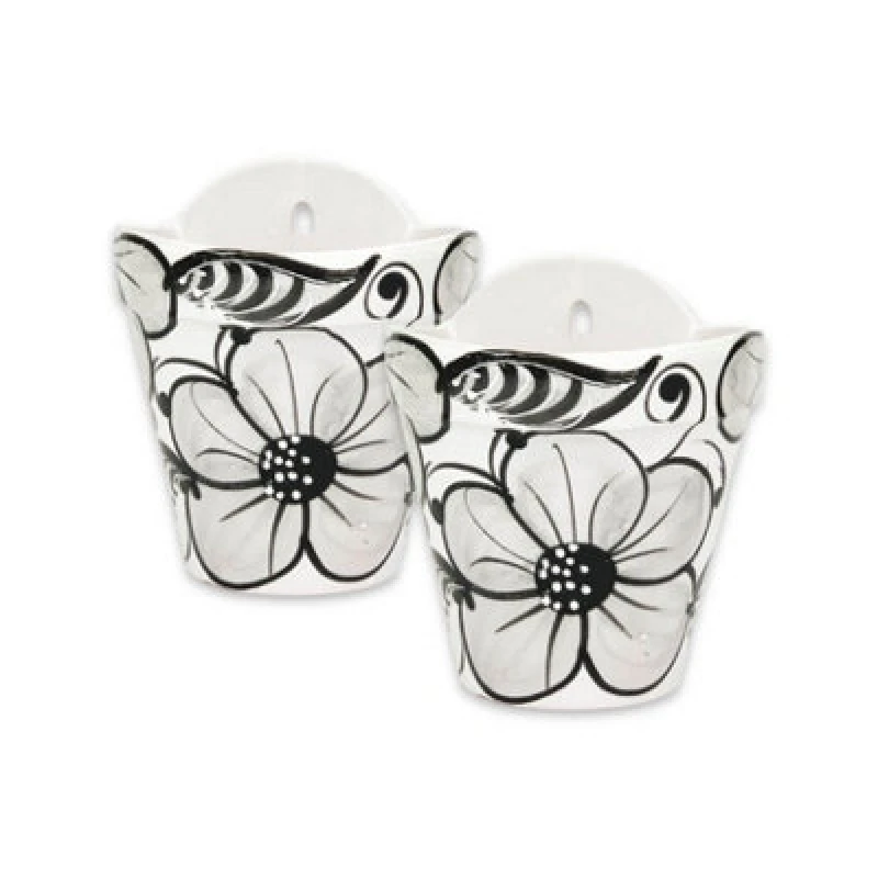Image of Verano Spanish Ceramics Grey Flowers Hand Painted Set of 2 Outdoor Garden Hanging Plant Pots (D) 22cm Grey unisex