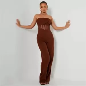 Image of I Saw It First Bandeau Corset Mesh Straight Leg Jumpsuit - Brown