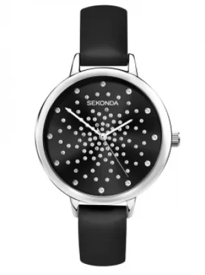 Image of Sekonda Ladies Editions Black Sunray Stone Set Dial Leather Strap...