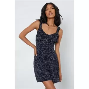 Image of I Saw It First Navy Polka Dot Frill Strap Button Up Playsuit - Blue