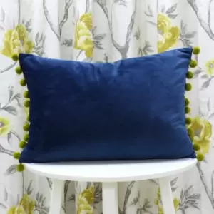 Image of Riva Paoletti Fiesta Velvet Pom Pom Fringe Cushion Cover, Indigo/Olive, 35 x 50 Cm
