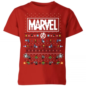 Image of Marvel Avengers Pixel Art Kids Christmas T-Shirt - Red - 9-10 Years