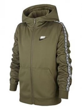 Image of Boys, Nike Sportswear Full Zip Taped Hoodie - Green/White, Green/White, Size L, 12-13 Years