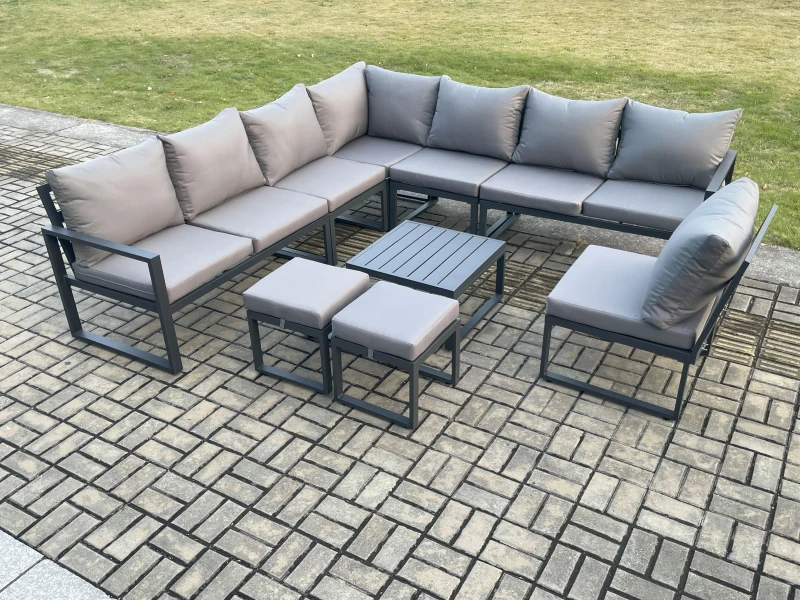 Image of Fimous 10 Seater Patio Outdoor Garden Furniture Aluminium Lounge Corner Sofa Set with Square Coffee Table 2 Small Footstools Dark Grey Dark Grey Unise