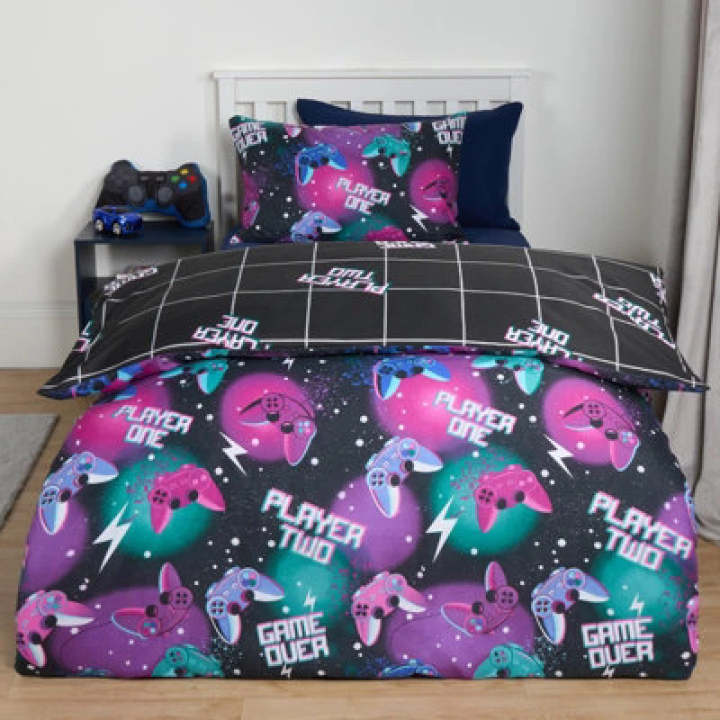 Image of OHS OHS Gaming Duvet Cover Quilt Bedding Set Neon Reversible Kids Bed Soft in Black Size: Single Black Single Unisex 5027434189960