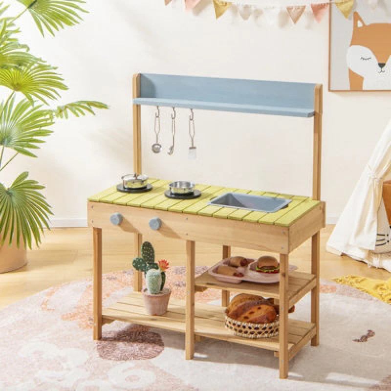 Image of Costway Outdoor Mud Kitchen Set Wooden Play Kitchen W/ Detachable Sink