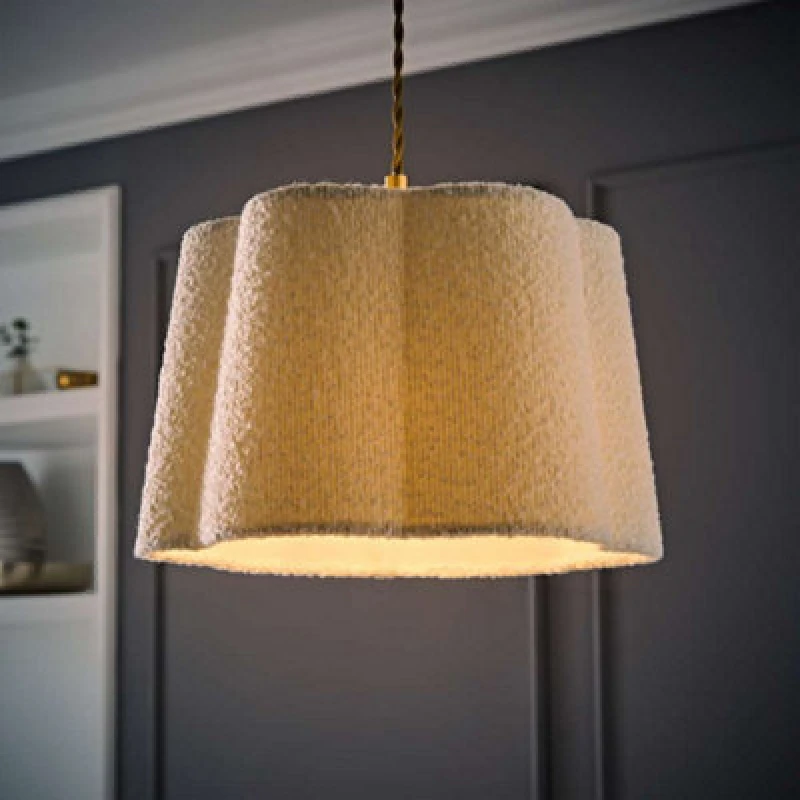 Image of ValueLights Amy Cream Boucle Scallop Shape Ceiling Floor Table Lamp Shade with LED Bulb Cream