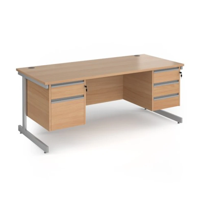 Image of Contract 25 Office Desk Rectangular Desk 1800mm With Double Pedestal Beech Top With Silver Frame 800mm Depth Contract 25 CC18S23-S-B Beech CC1