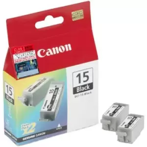 Image of Canon BCI-15BK Black Ink Cartridge (Twin Pack). Black ink type: Pigment-based ink Supply type: Multi pack Quantity per pack: 2 pc(s)