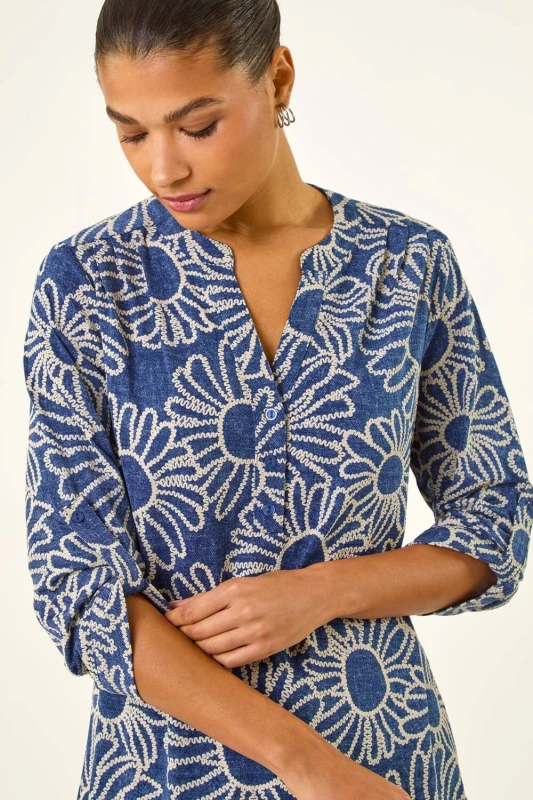 Image of Roman Womens Floral Puff Print Shirt in Blue Size: 20 Blue Female 20
