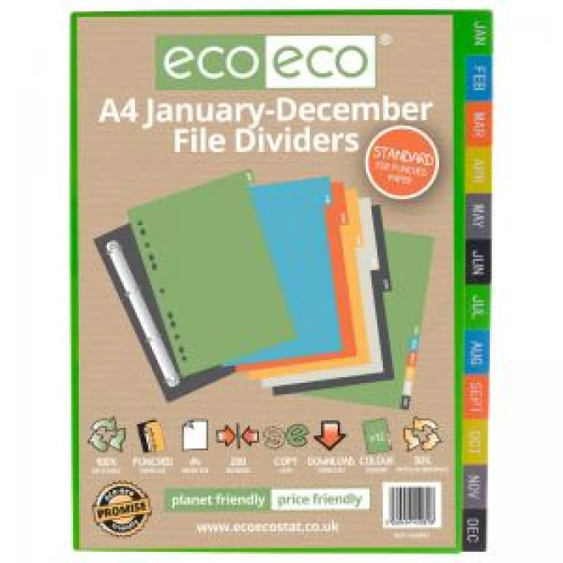 Image of Eco Eco Multicolour 50% Recycled Index Dividers January - December eco081-S