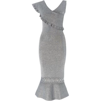 Image of Issa London Rachel Ruffle Silver Knitted Silver Dress - Silver