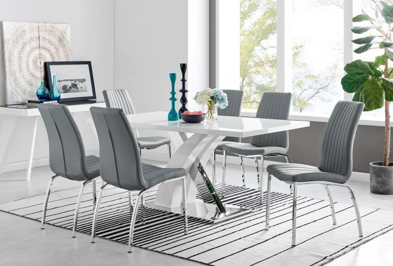 Image of FurnitureboxUK FurnitureboxUK Atlanta Modern Rectangle Chrome Metal High Gloss White Dining Table And 6 Isco Chairs Set in Grey Grey One Size Unisex 5