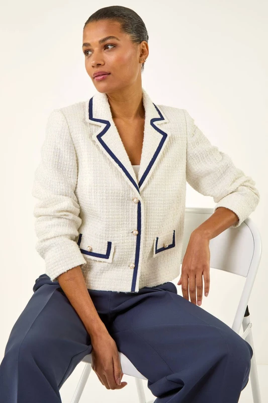 Image of Roman Womens Boucle Contrast Tape Jacket in Ivory Size: 12 Ivory Female 12