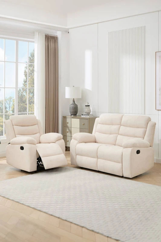 Image of More4Homes Boston Manual Recliner Fabric 1+2 Seater Sofa Set (Beige)
