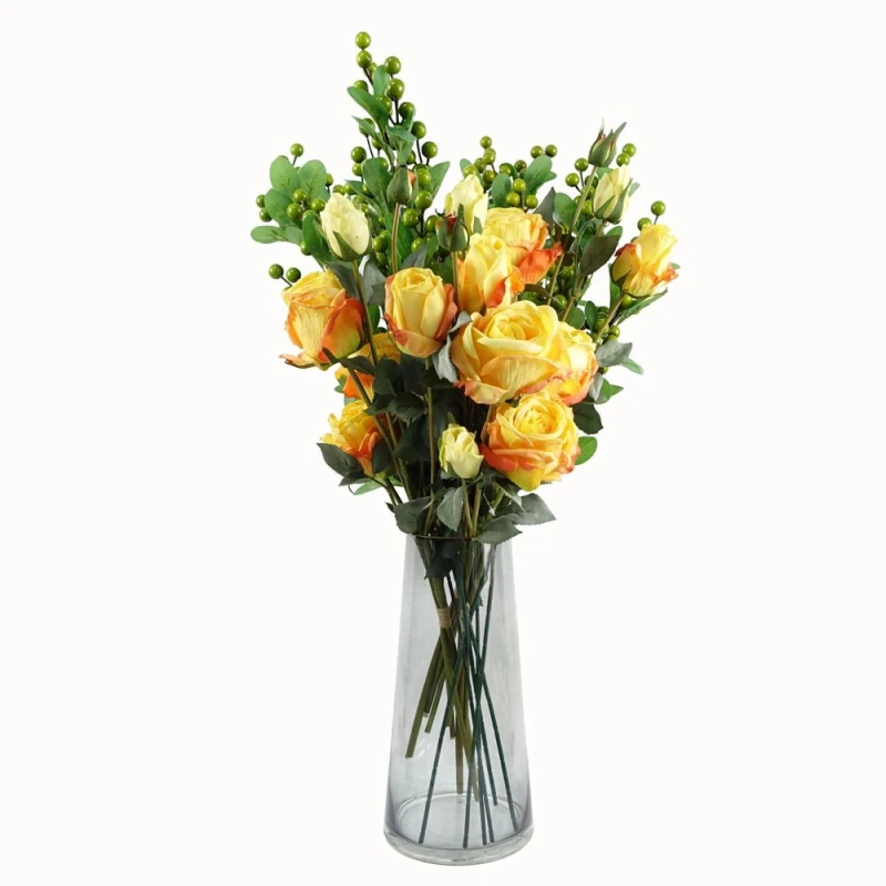 Image of Leaf High-Quality 60cm Yellow Rose Artificial Flowers with Glass Vase