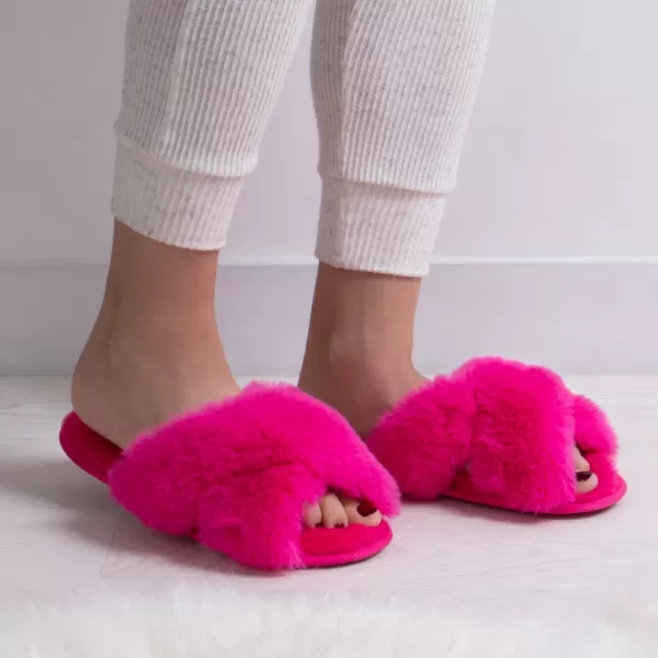 Image of totes Plush Faux Fur Bright Pink Cross Over Sliders Pink