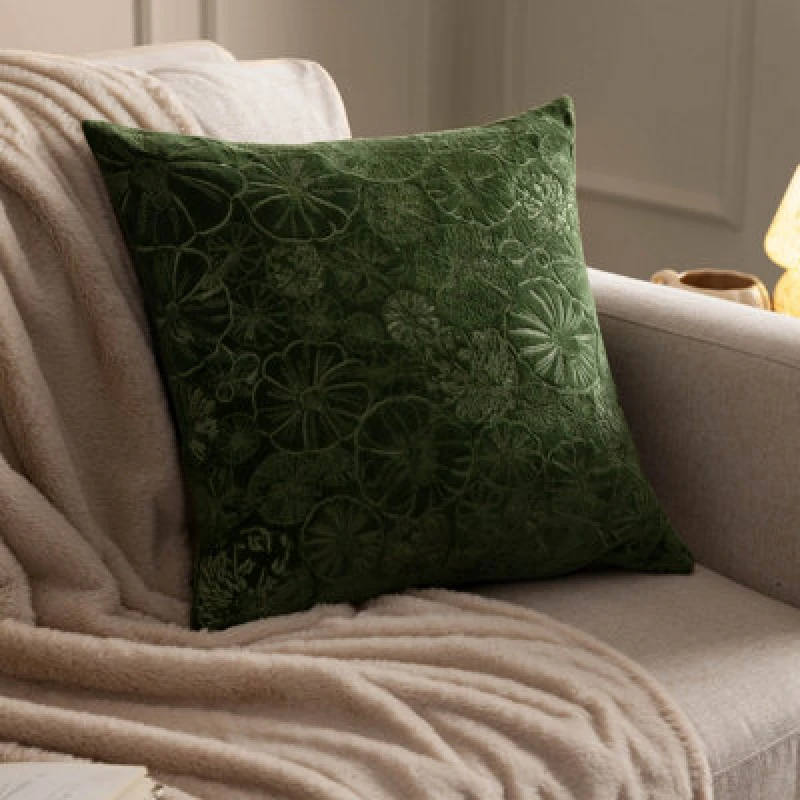 Image of Picking Patch Embroidered Velvet Cushion Greenwood, Greenwood / 45 x 45cm / Polyester Filled