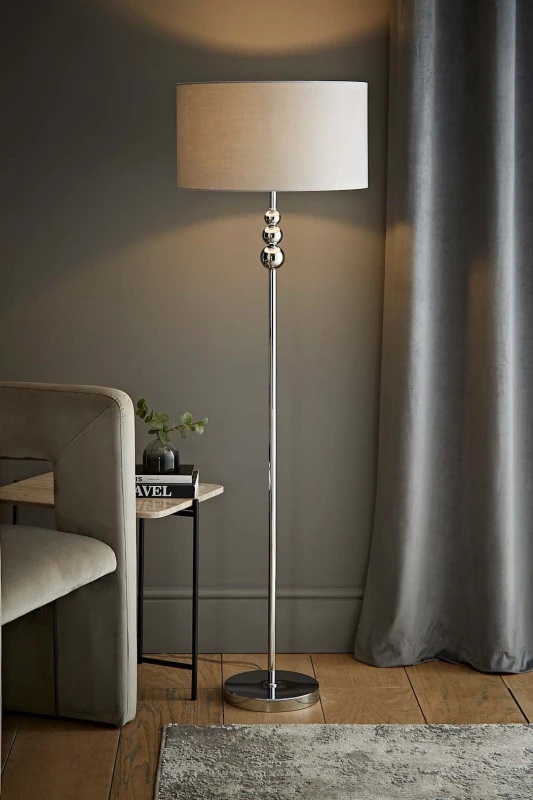 Image of ValueLights Marissa Fabric Drum Shade with Chrome Stacked Ball Floor Lamp Grey