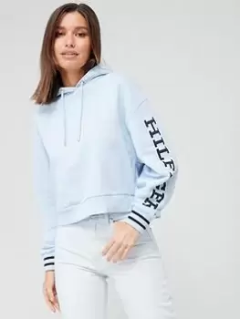 Image of Tommy Hilfiger Vertical Logo Sleeve Crop Hoodie - Blue Size M, Women