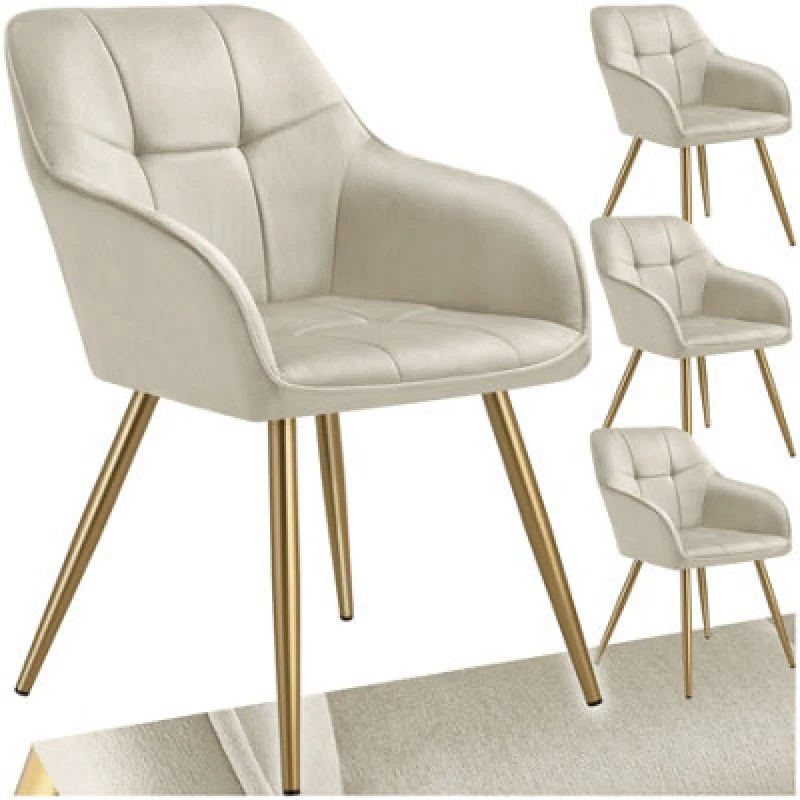 Image of Tectake Set Of 4 Chair Marilyn - Quilted Velvet Look, Continuous Backrest, Golden Steel Legs - Cream/gold