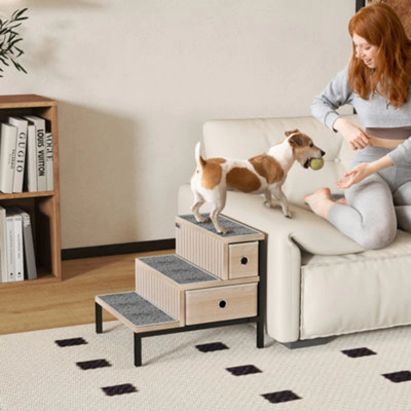 Image of Pawhut Dog Stairs With Storage, Dog Steps For Older Cats & Small Dogs, Oak