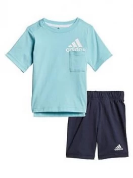 Image of Boys, adidas Unisex Infant Badge Of Sport Summer Set - Blue/White, Size 3-6 Months