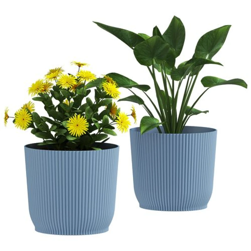 Image of Outsunny Set of 2 Round Plant Pots Outdoor 22cm for Garden Decoration, Blue Light Blue