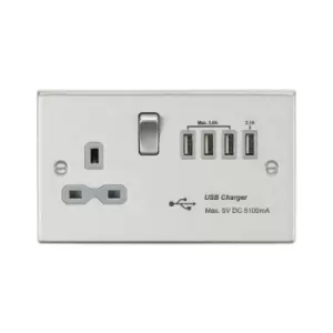 Image of Knightsbridge - 13A switched socket with quad usb charger (5.1A) - brushed chrome with grey insert