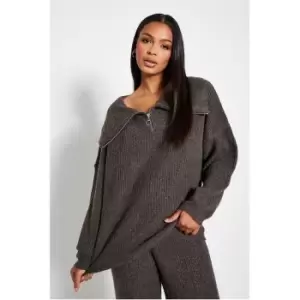 Image of I Saw It First Cosy Recyled Zip Up Collared Overszied Jumper - Brown