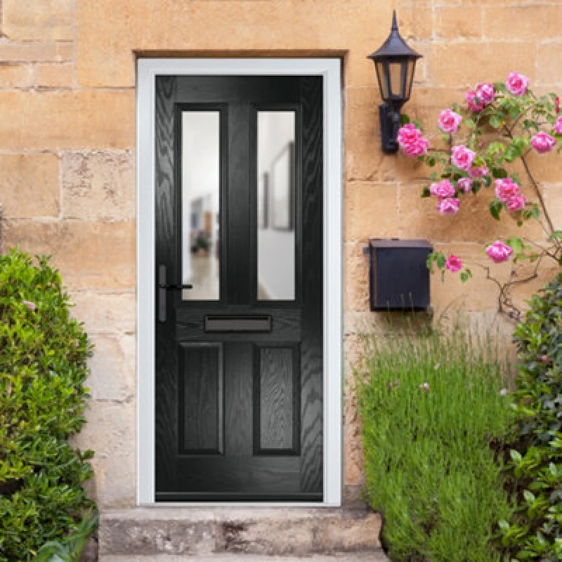 Image of Lacerta Composite Door Carnoustie Black 920mm X 2090mm Open In Right Hand Clear Glass 10 Year Guarantee - Free Delivery & Smart Lock